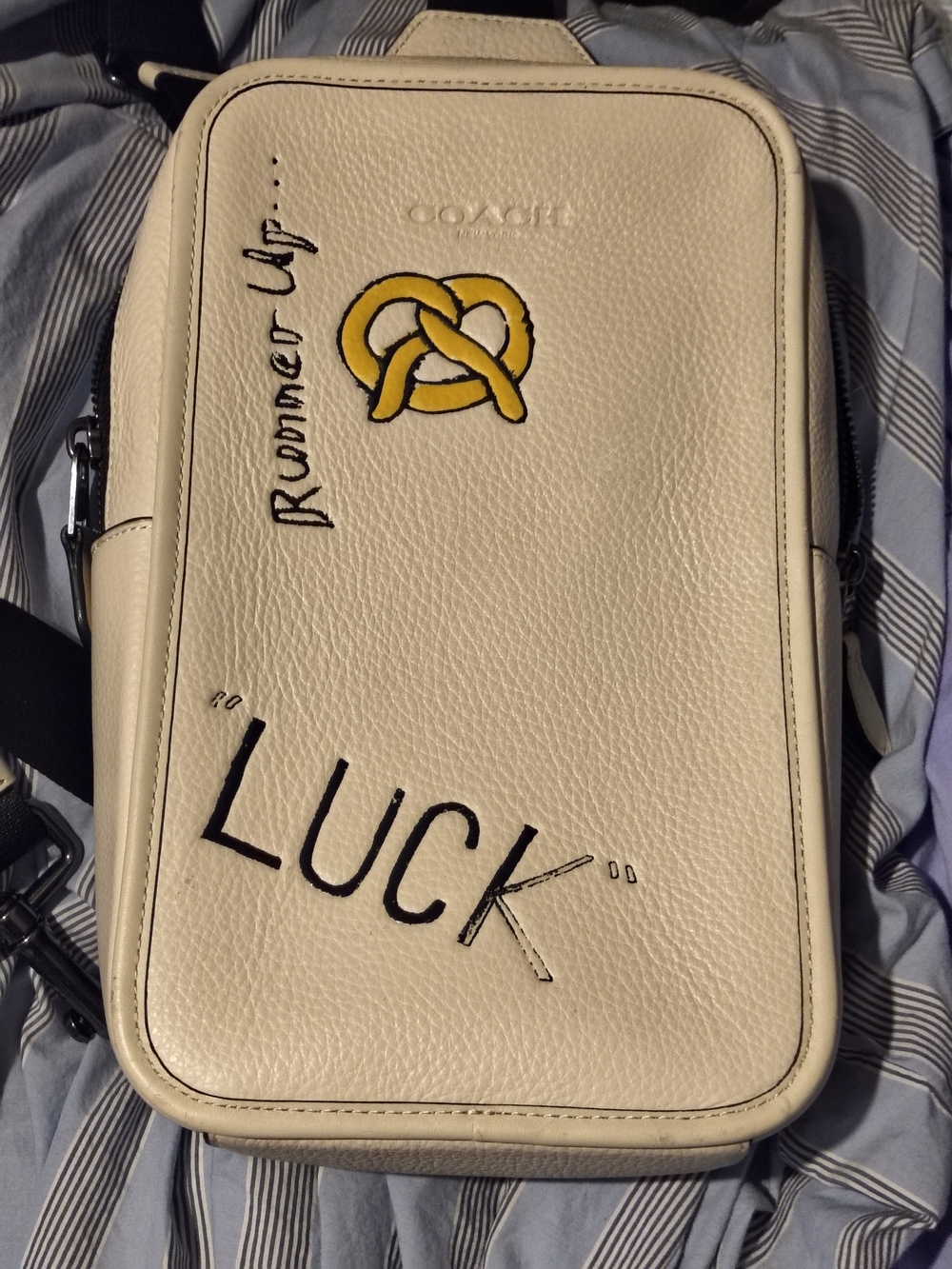 Coach Cream Leather Crossbody Bag with Yellow Pretzel Detail